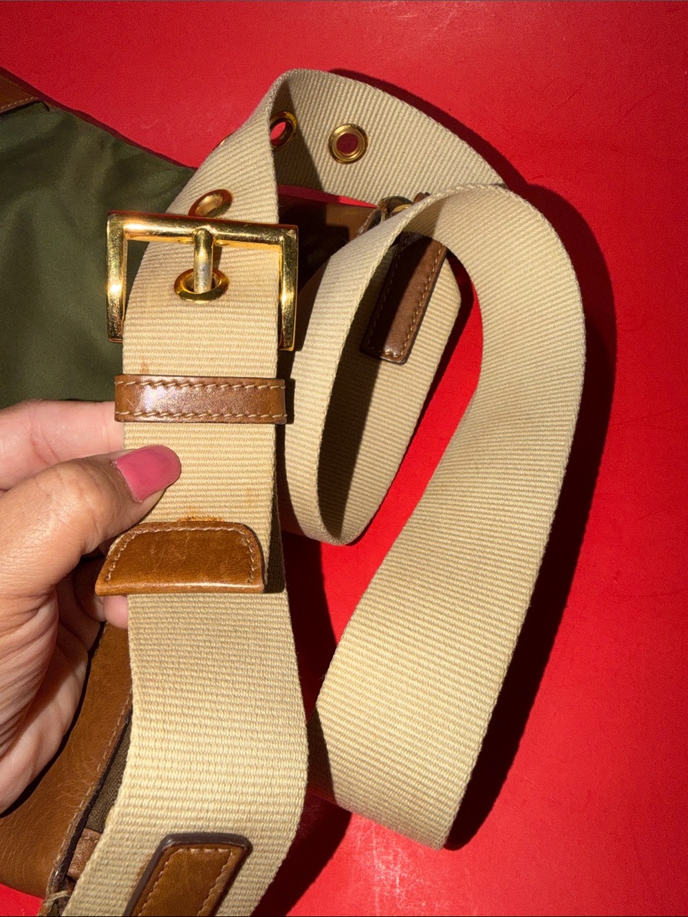 Prada Olive Green Nylon Crossbody with Brown Leather Trim and Beige Strap - Picture 9 of 12